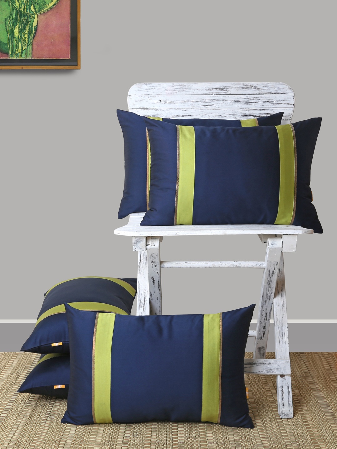 

ANS Navy Blue & Lime Green Set of 5 Striped Rectangle Cushion Covers