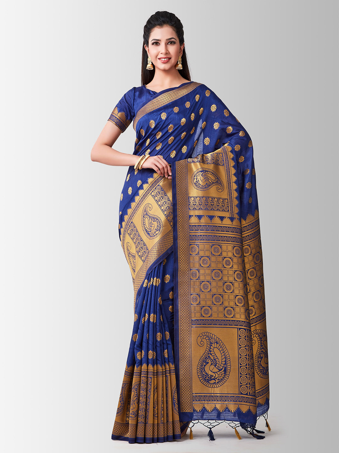 

Mitera Navy Blue & Gold-Toned Art Silk Woven Design Kanjeevaram Saree
