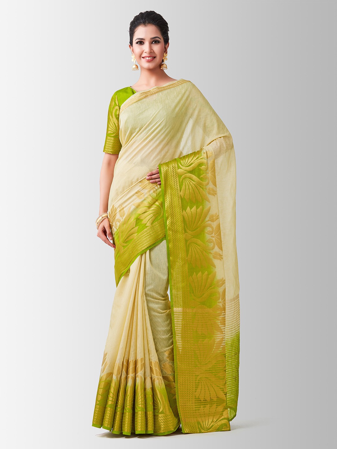 

Mitera Beige & Green Linen Blend Woven Design Kanjeevaram Saree