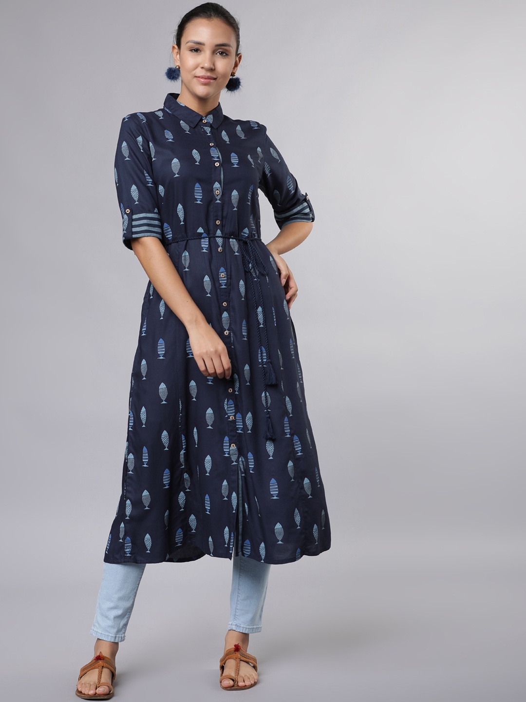 

Vishudh Women Navy Blue Quirky Printed A-Line Kurta
