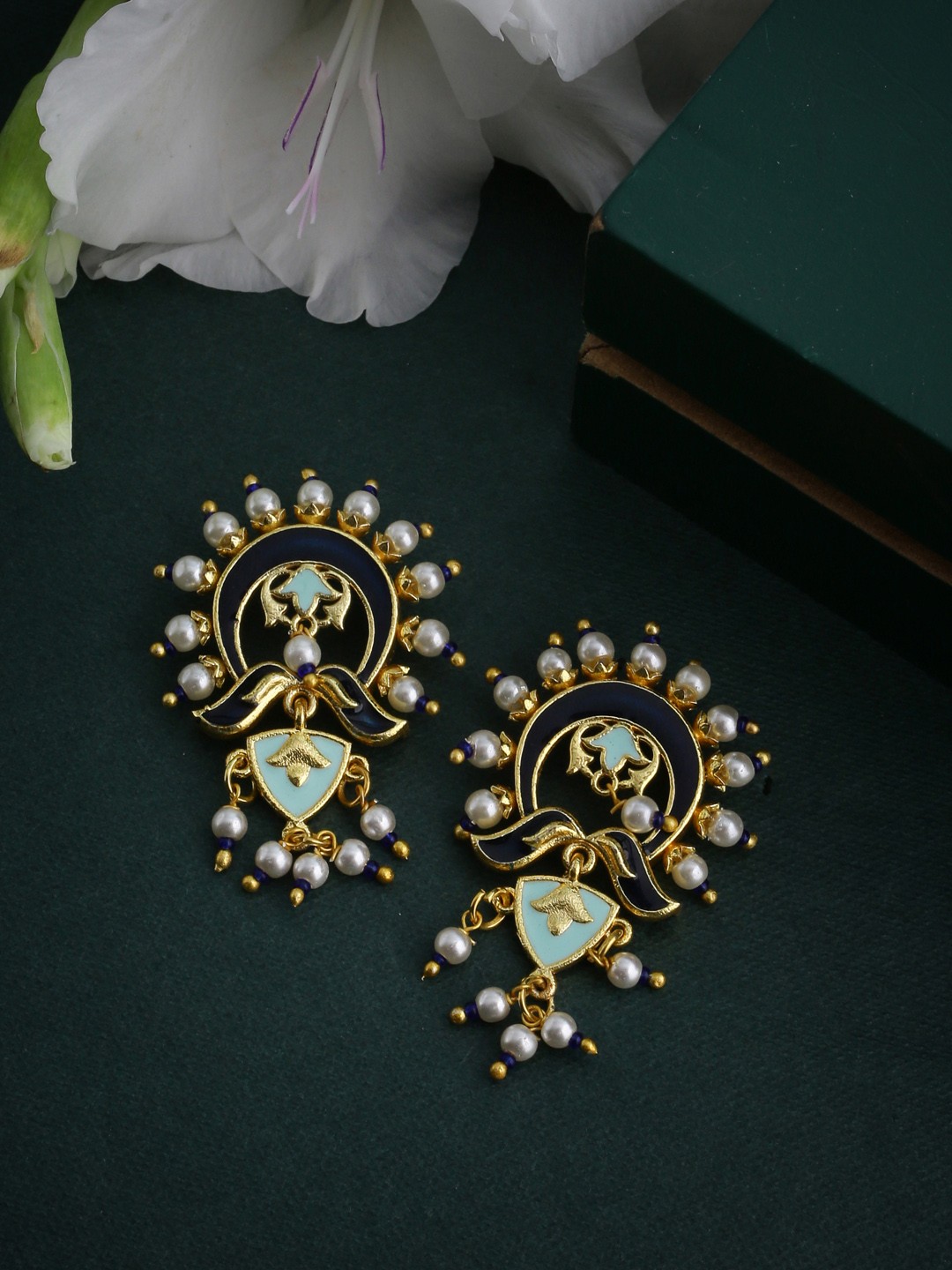 

Voylla Gold-Toned & Sea Green Classic Drop Earrings