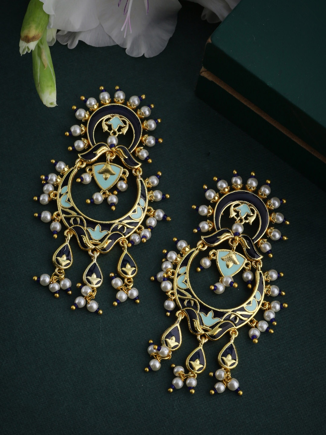 

Voylla Gold-Toned & Sea Green Crescent Shaped Drop Earrings
