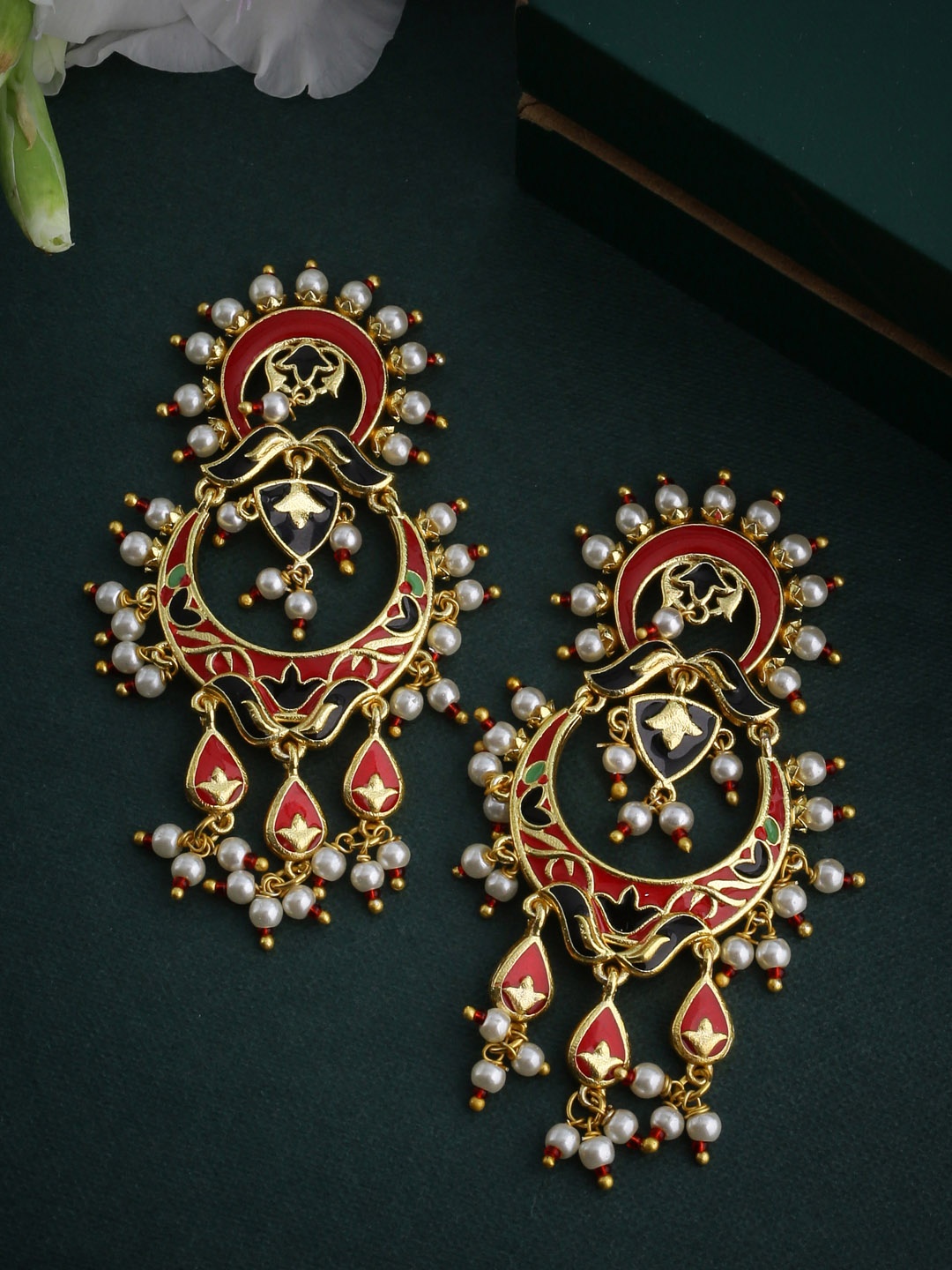 

Voylla Gold-Toned & Red Crescent Shaped Drop Earrings