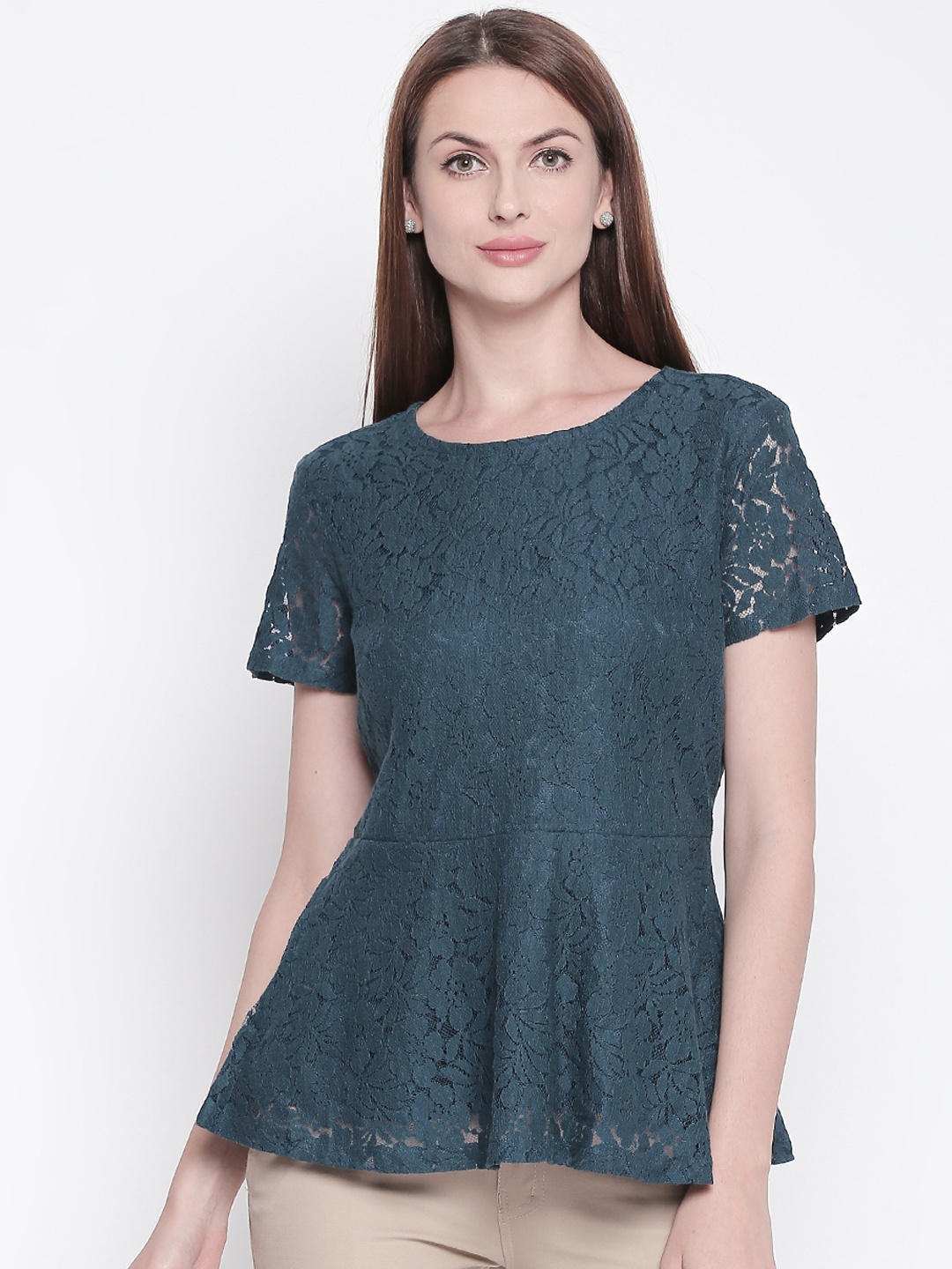 

Forever Glam by Pantaloons Women Teal Blue Self Design Peplum Top