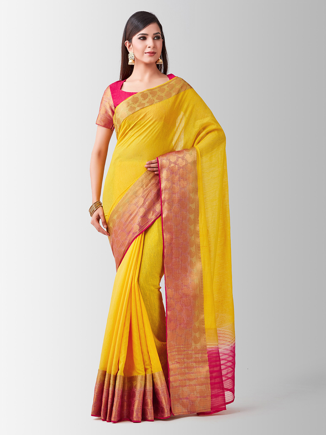 

Mitera Yellow & Pink Linen Blend Embellished Kanjeevaram Saree