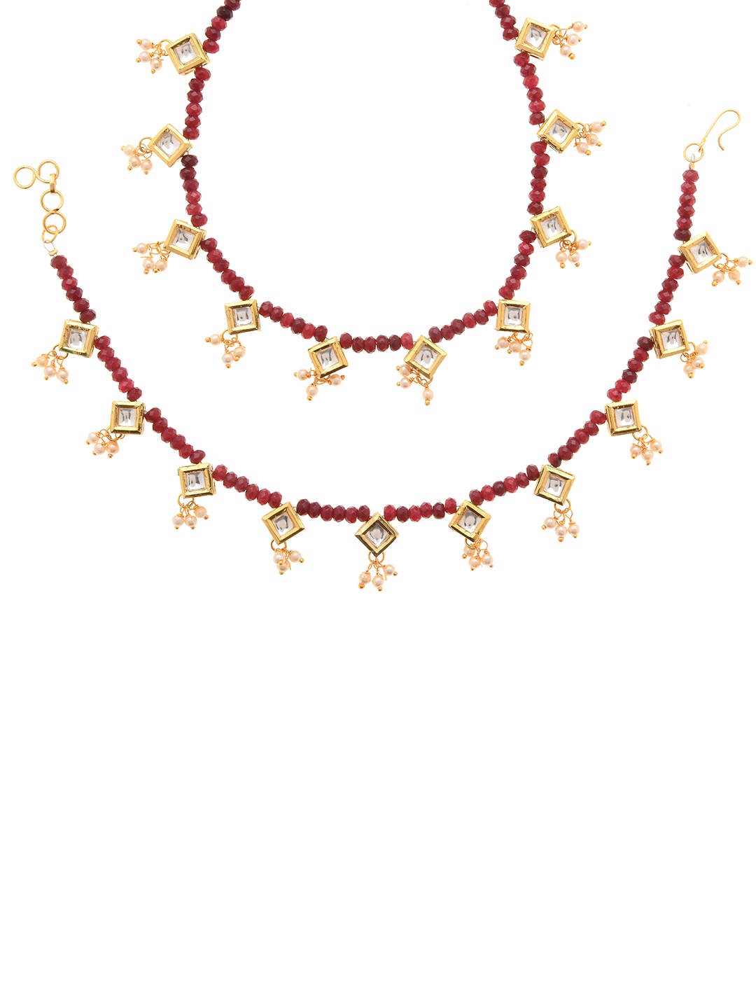 

Bamboo Tree Jewels Set of 2 Gold-Toned & Maroon Beaded Kundan Studded Handcrafted Anklets