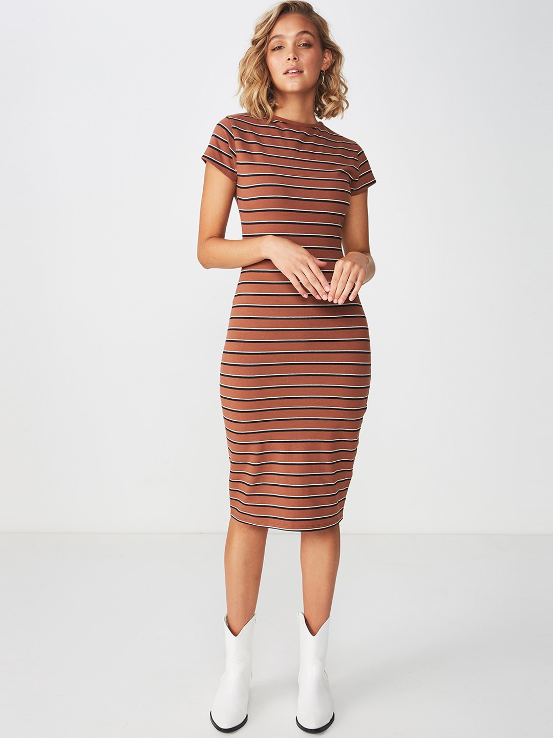 

COTTON ON Women Brown Striped T-shirt Dress