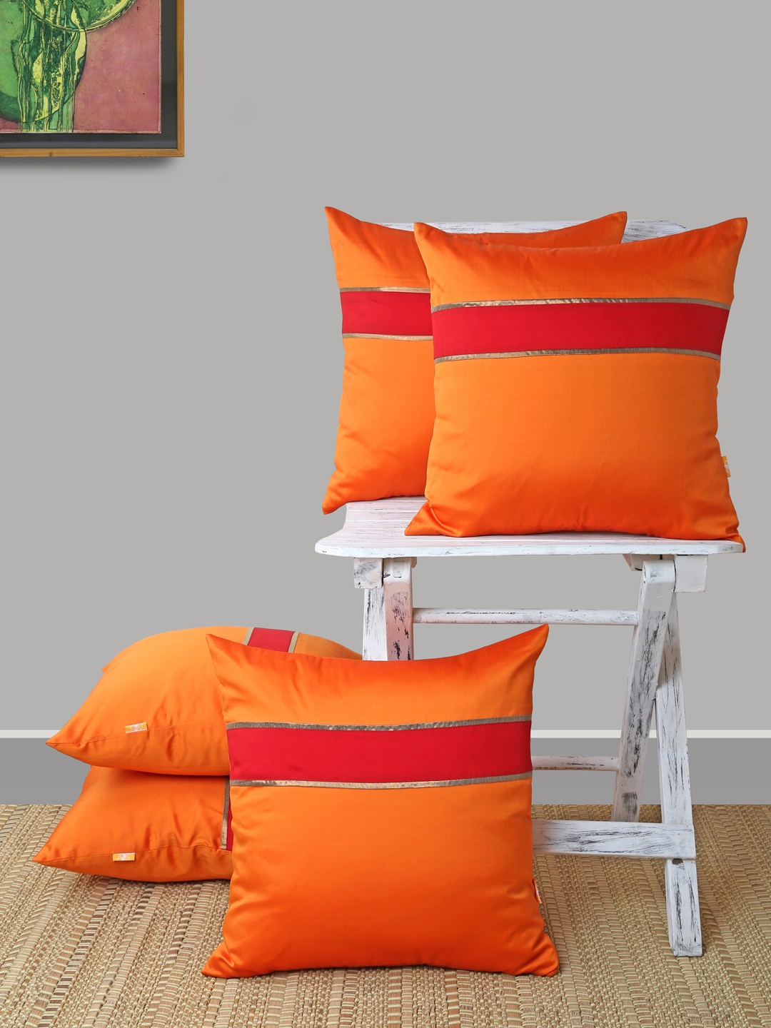 

ANS Orange & Red Set of 5 Striped Square Cushion Covers