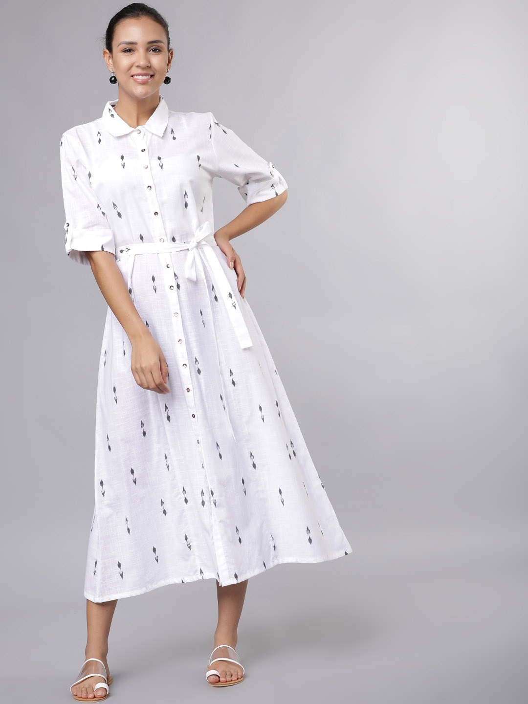 

Vishudh Women Off-White & Grey Yarn Dyed Printed Shirt Dress