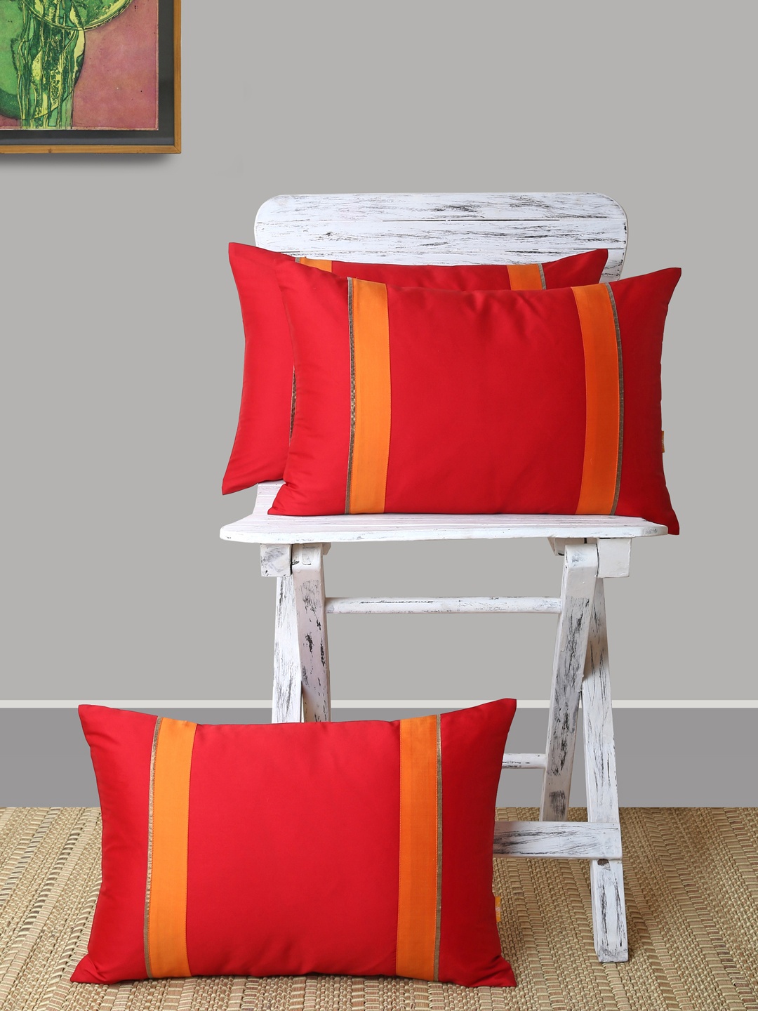 ANS Red & Orange Set of 3 Striped Rectangle Cushion Covers