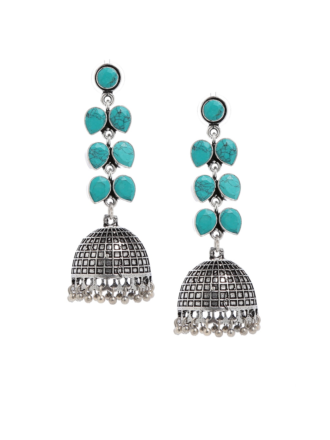 

Bamboo Tree Jewels Blue & Silver-Toned Handcrafted Dome Shaped Jhumkas