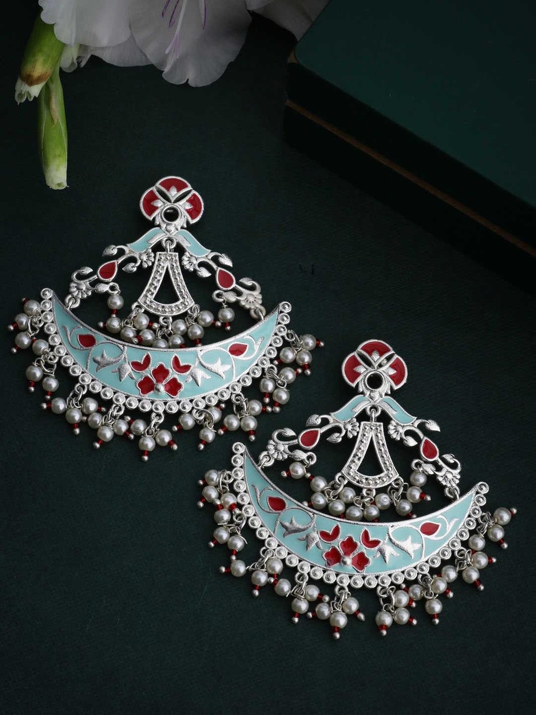

Voylla Silver-Plated & Blue Crescent Shaped Enamelled Chandbalis