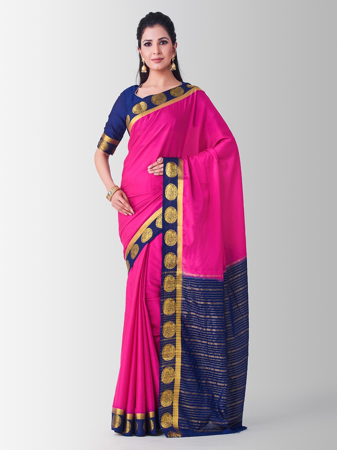 

Mitera Pink & Navy Blue Poly Crepe Solid Kanjeevaram Saree