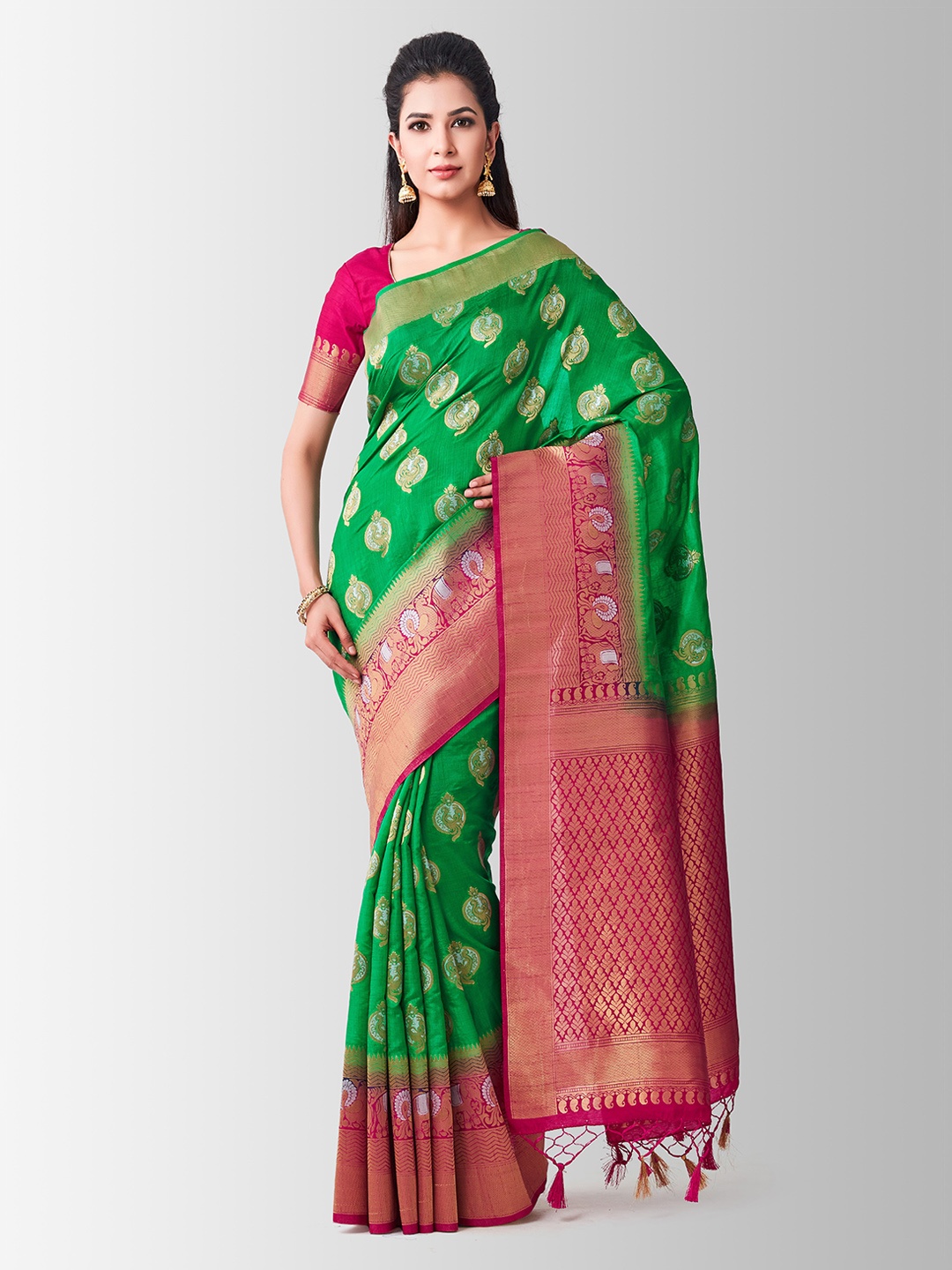 Mitera Green & Pink Art Silk Woven Design Kanjeevaram Saree