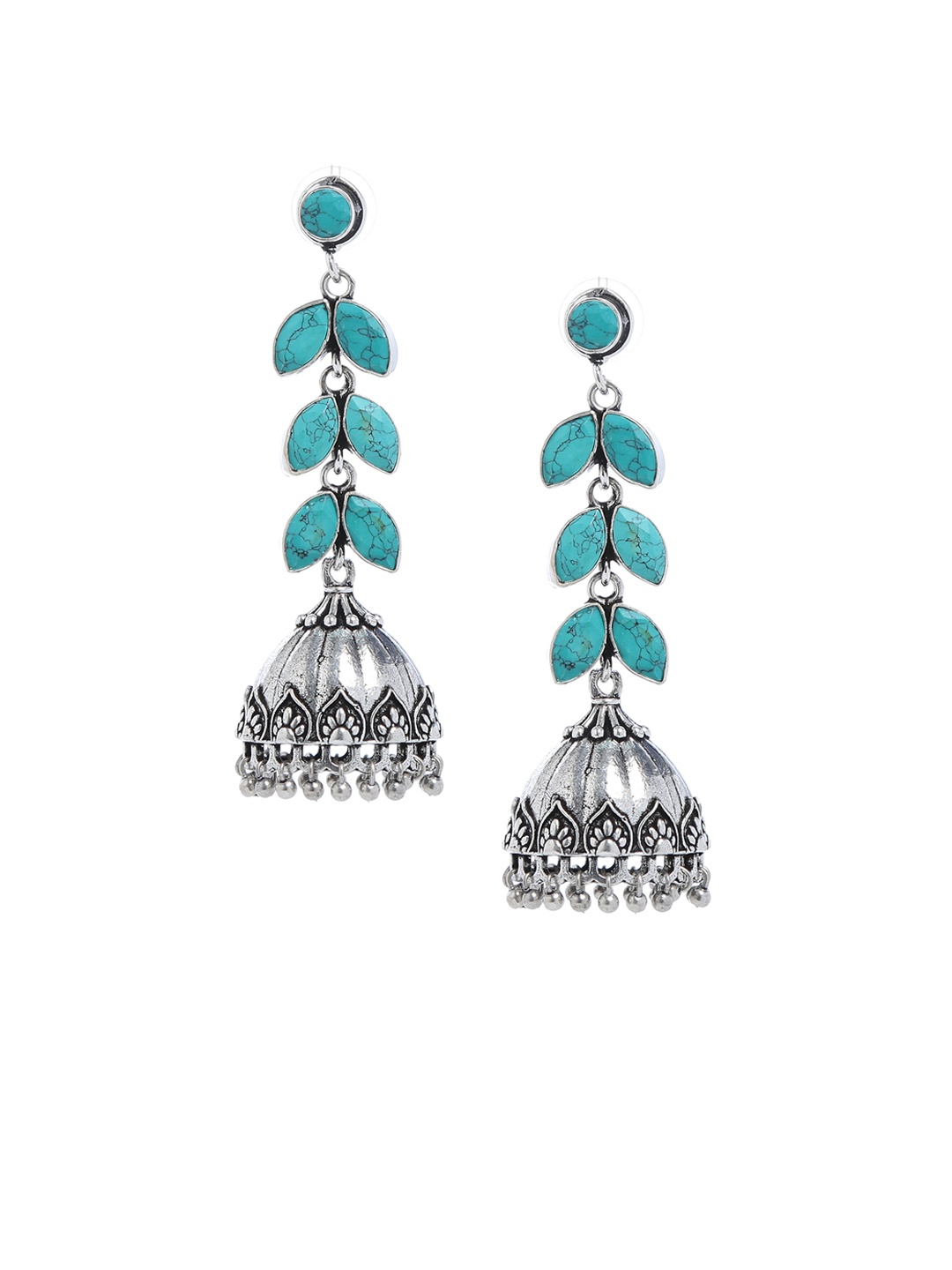 

Bamboo Tree Jewels Blue & Silver-Toned Dome Shaped Handcrafted Jhumkas
