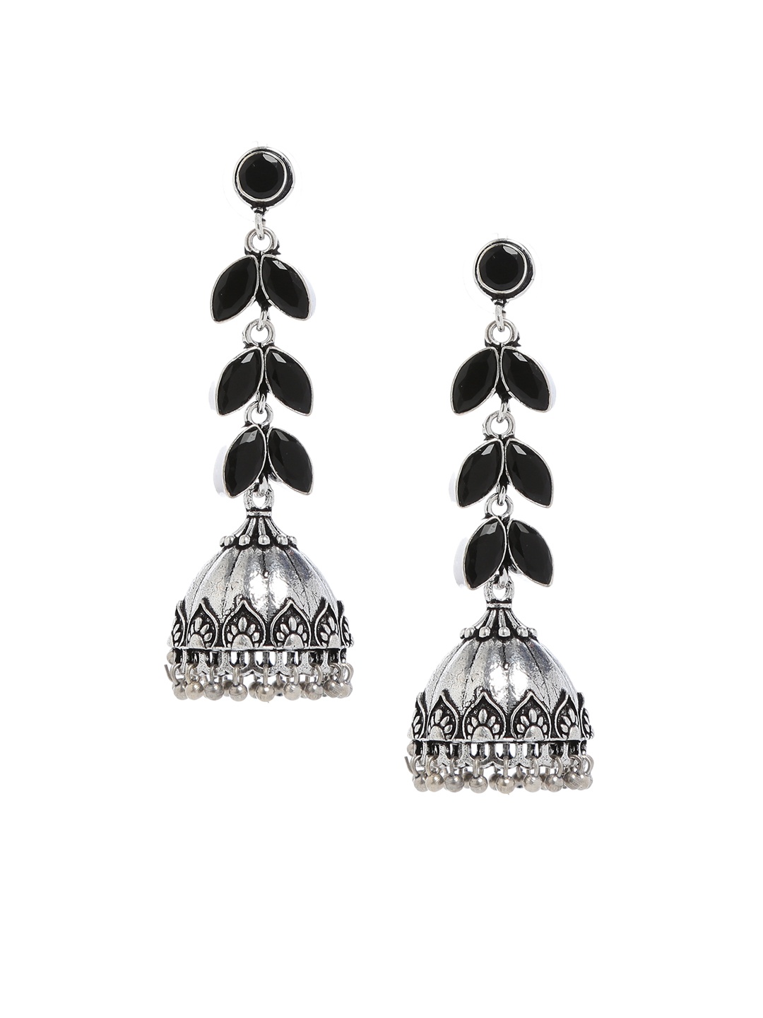 

Bamboo Tree Jewels Black & Silver-Toned Dome Shaped Handcrafted Jhumkas