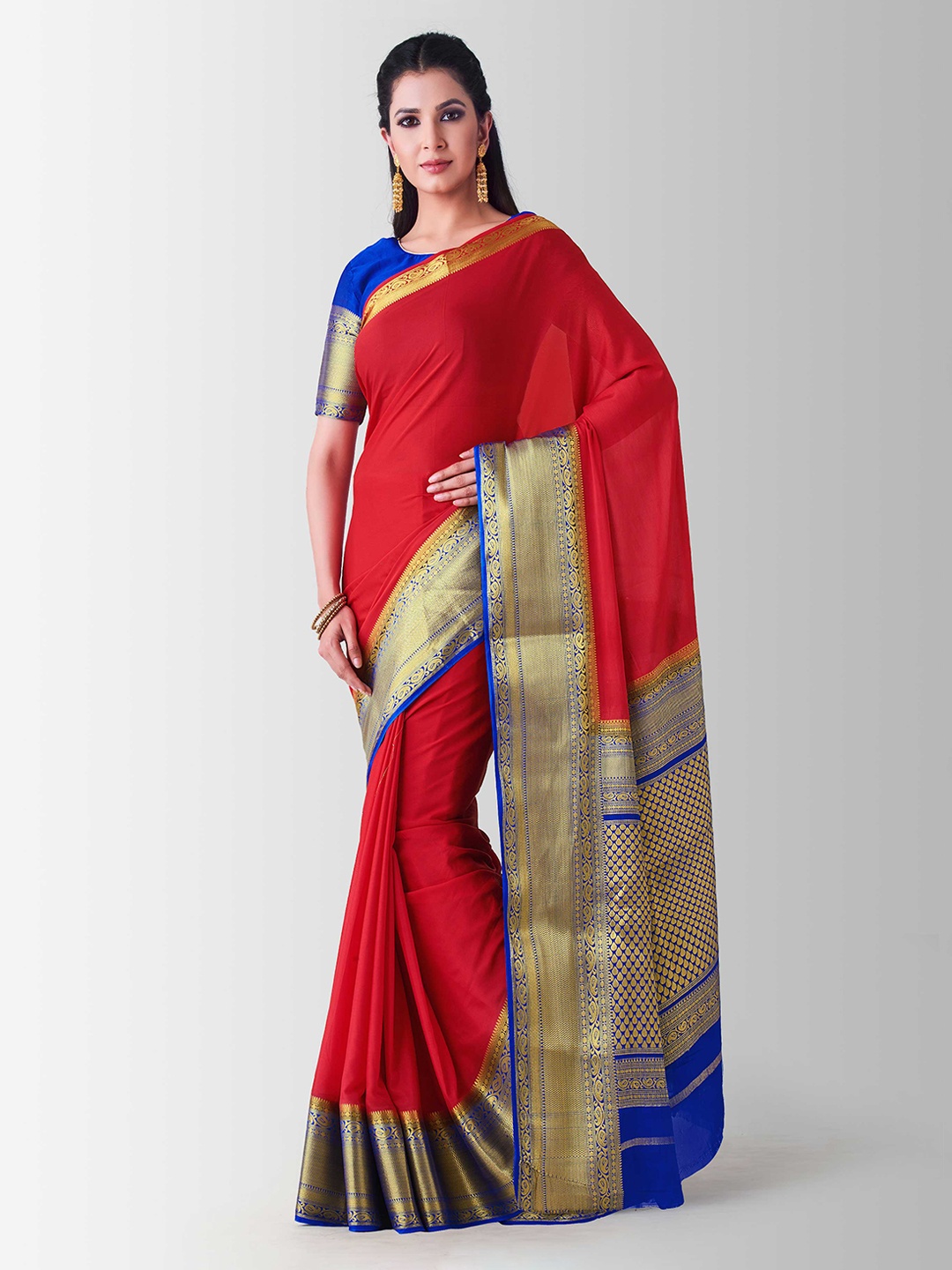 

Mitera Red & Gold-Coloured Poly Crepe Woven Design Kanjeevaram Saree