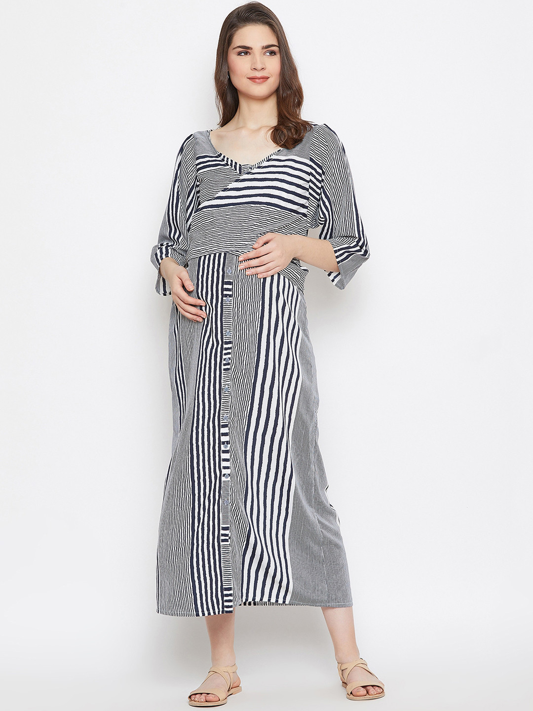 

The Kaftan Company Women White Striped Fit and Flare Maternity Dress