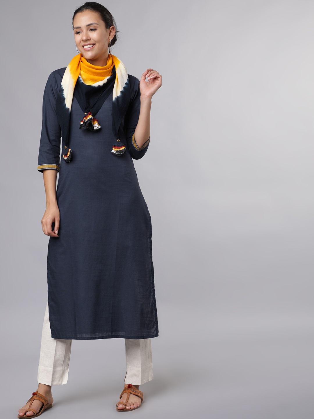 

Vishudh Women Navy Blue & Cream-Coloured Printed Kurta with Palazzos