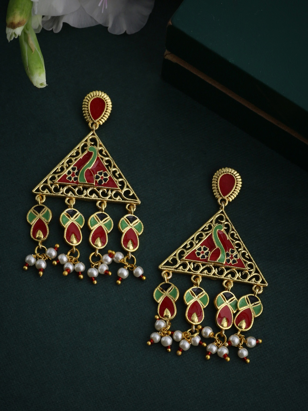 

Voylla Gold-Toned & Red Triangular Drop Earrings