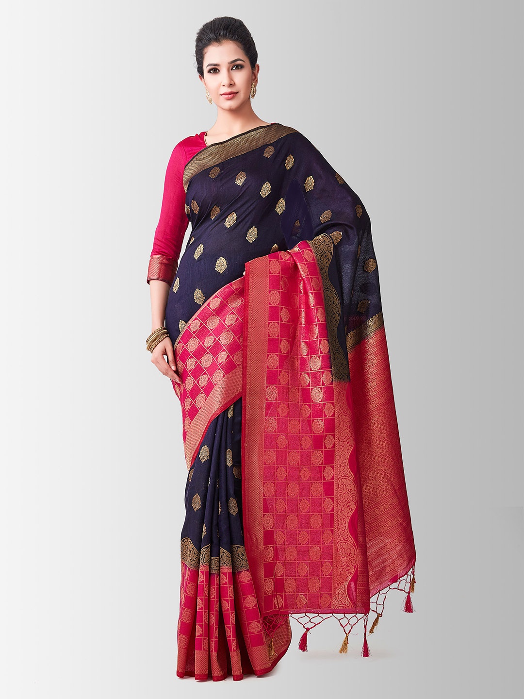 

Mitera Navy Blue & Pink Art Silk Embellished Kanjeevaram Saree