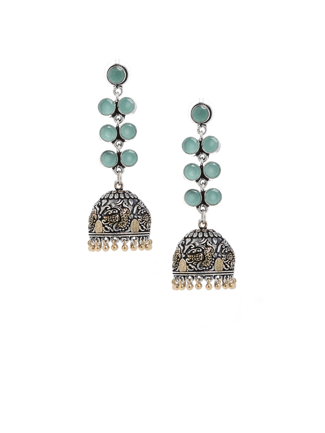 

Bamboo Tree Jewels Blue & Silver-Toned Handcrafted Dome Shaped Jhumkas
