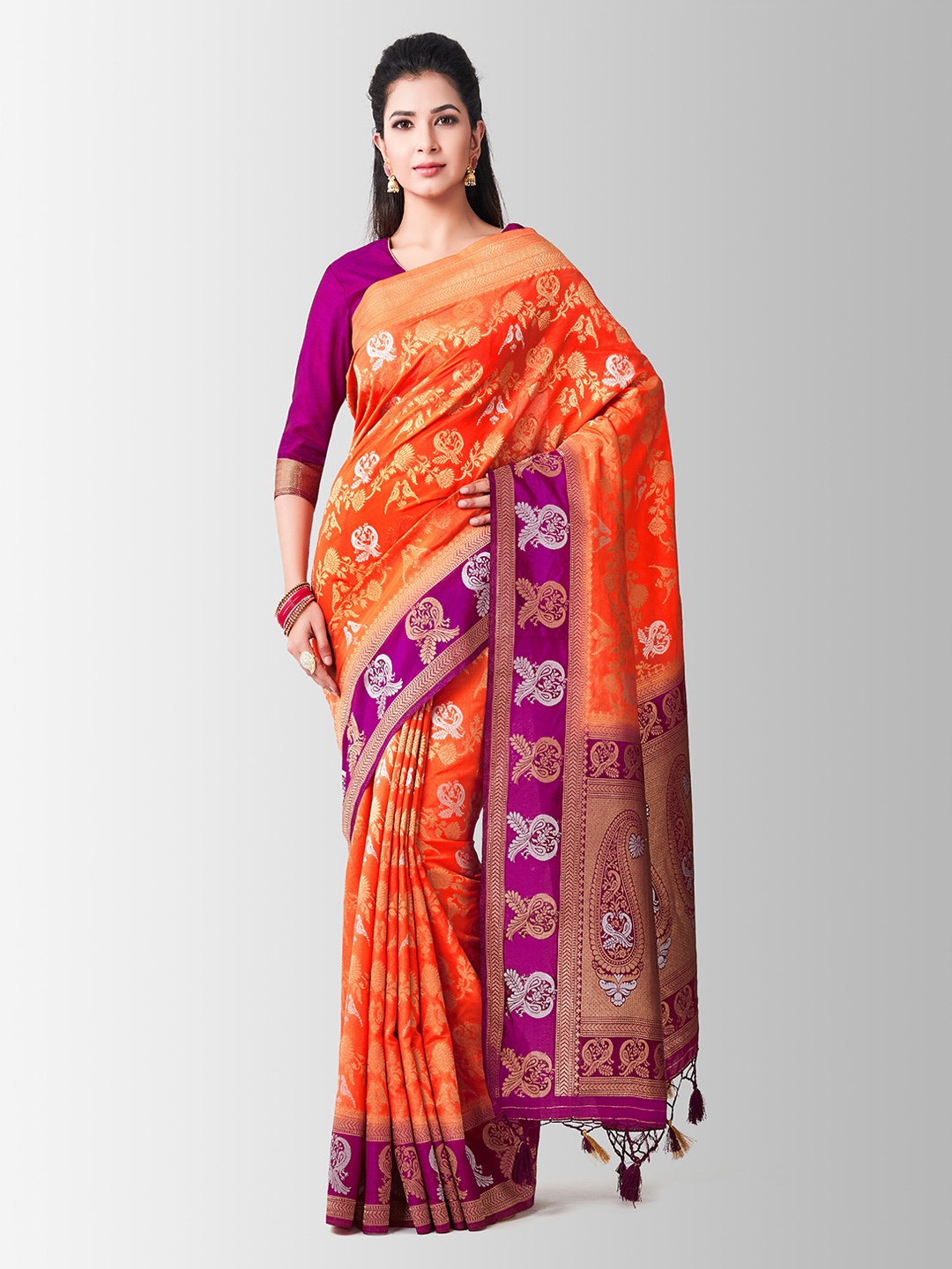 

Mitera Orange & Purple Art Silk Woven Design Kanjeevaram Saree