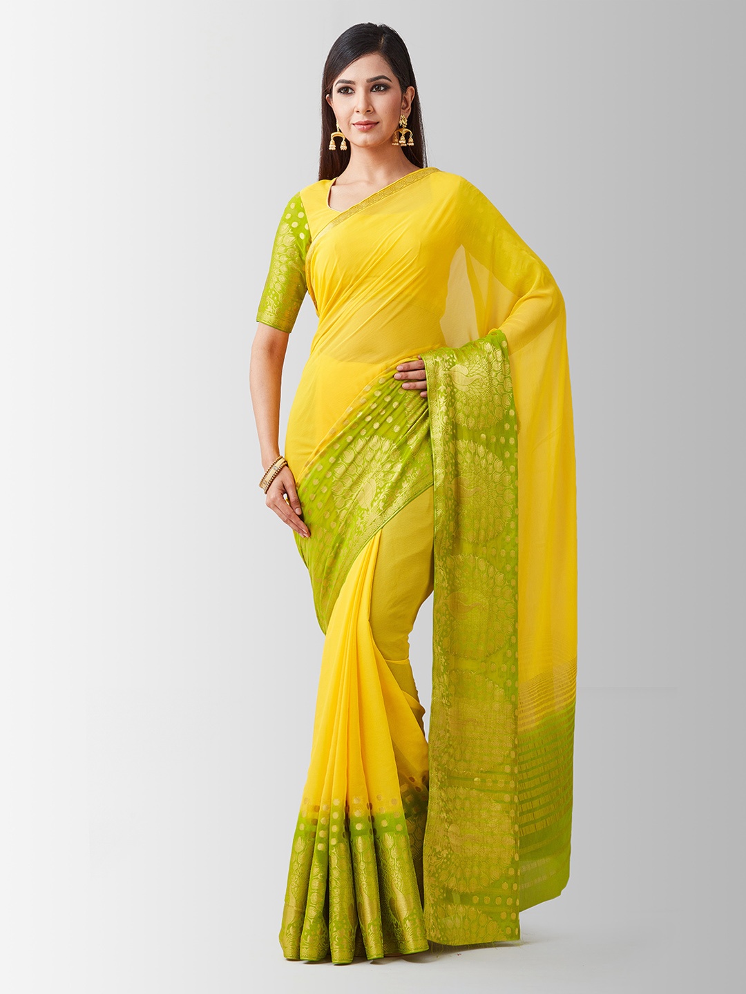 

Mitera Yellow & Green Poly Chiffon Woven Design Kanjeevaram Saree