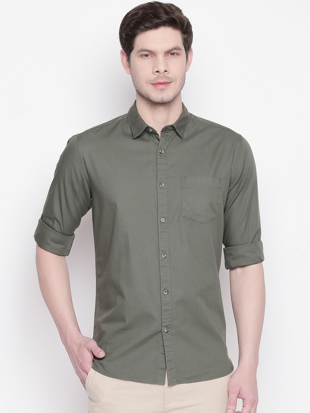 

BYFORD by Pantaloons Men Olive Green Slim Fit Solid Casual Shirt