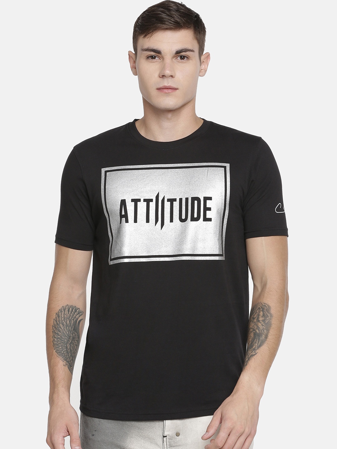 

ATTIITUDE Men Black & Grey Foil Printed Round Neck Slim Fit T-shirt