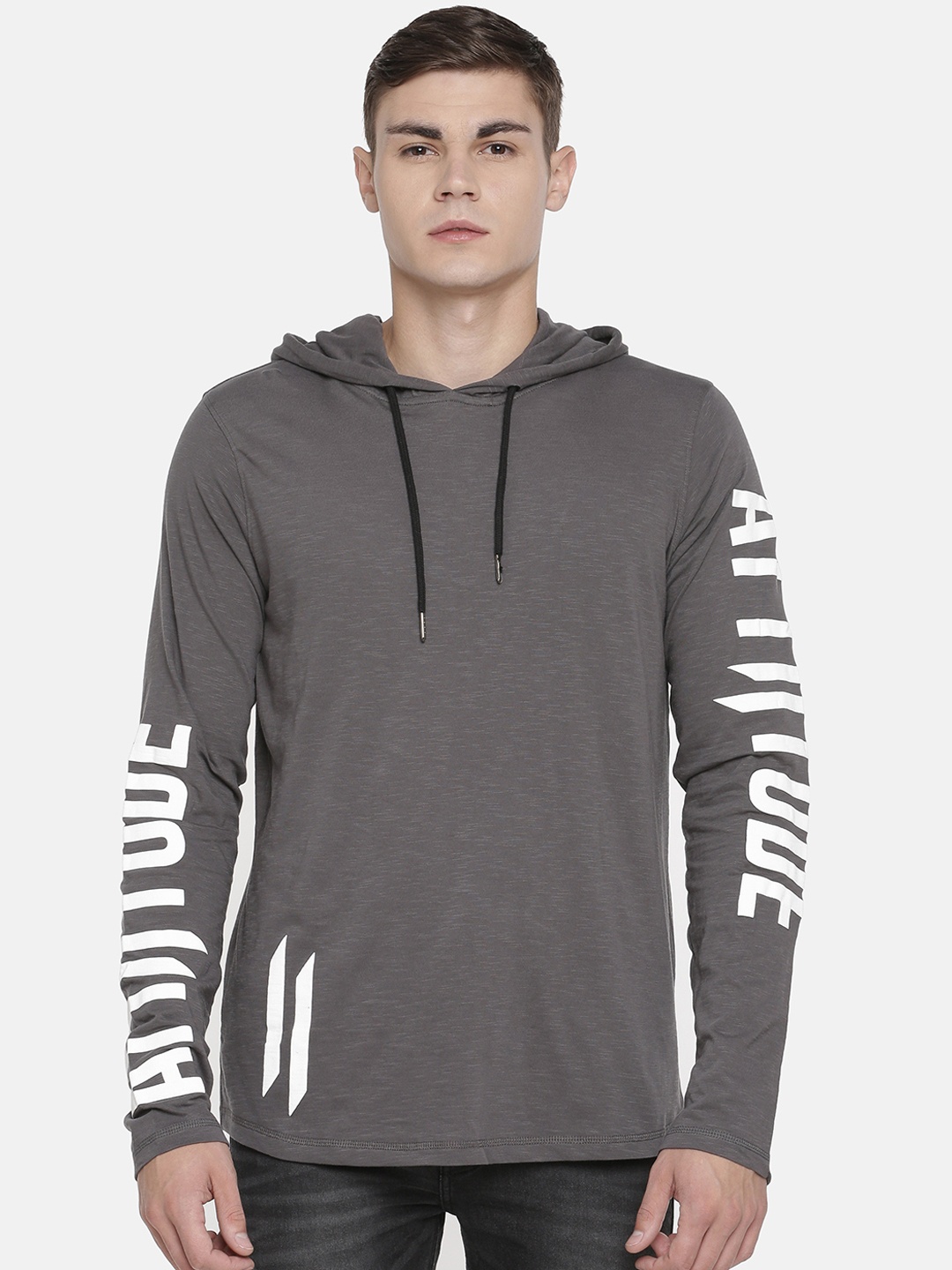 

ATTIITUDE Men Grey & White Printed Hooded Slim Fit T-shirt