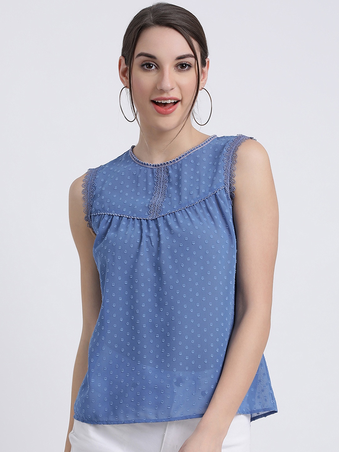 

Zink London Women Blue Self Design A-Line Top