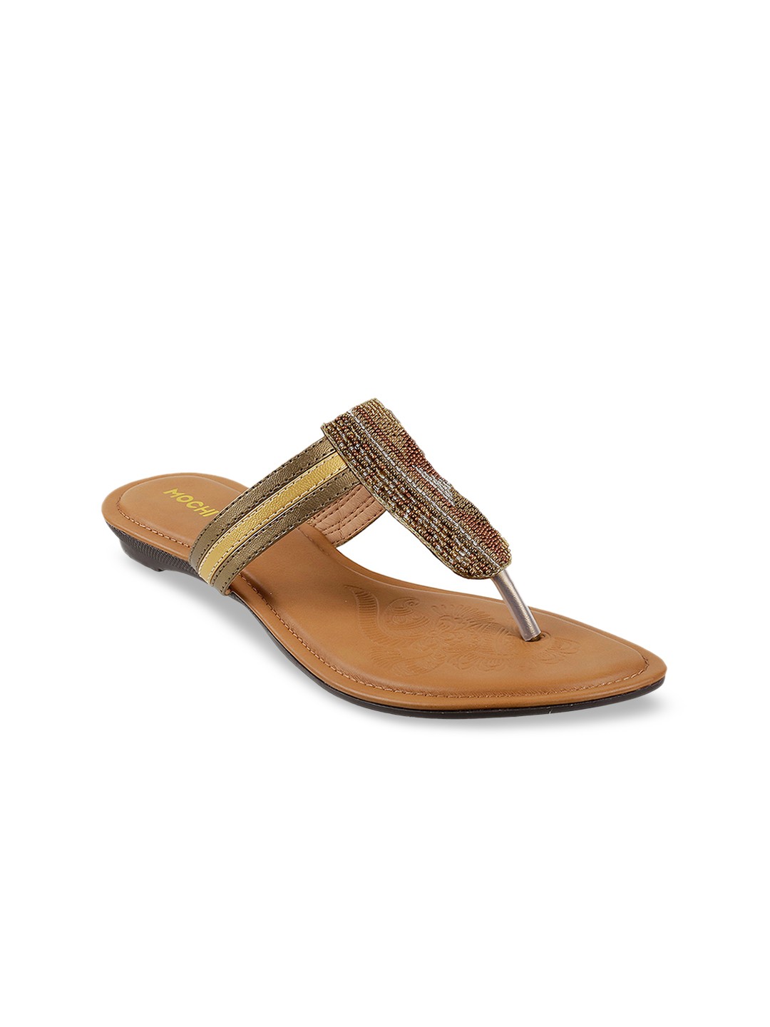 

Mochi Women Muted Gold-Toned & Brown Embellished T-Strap Flats