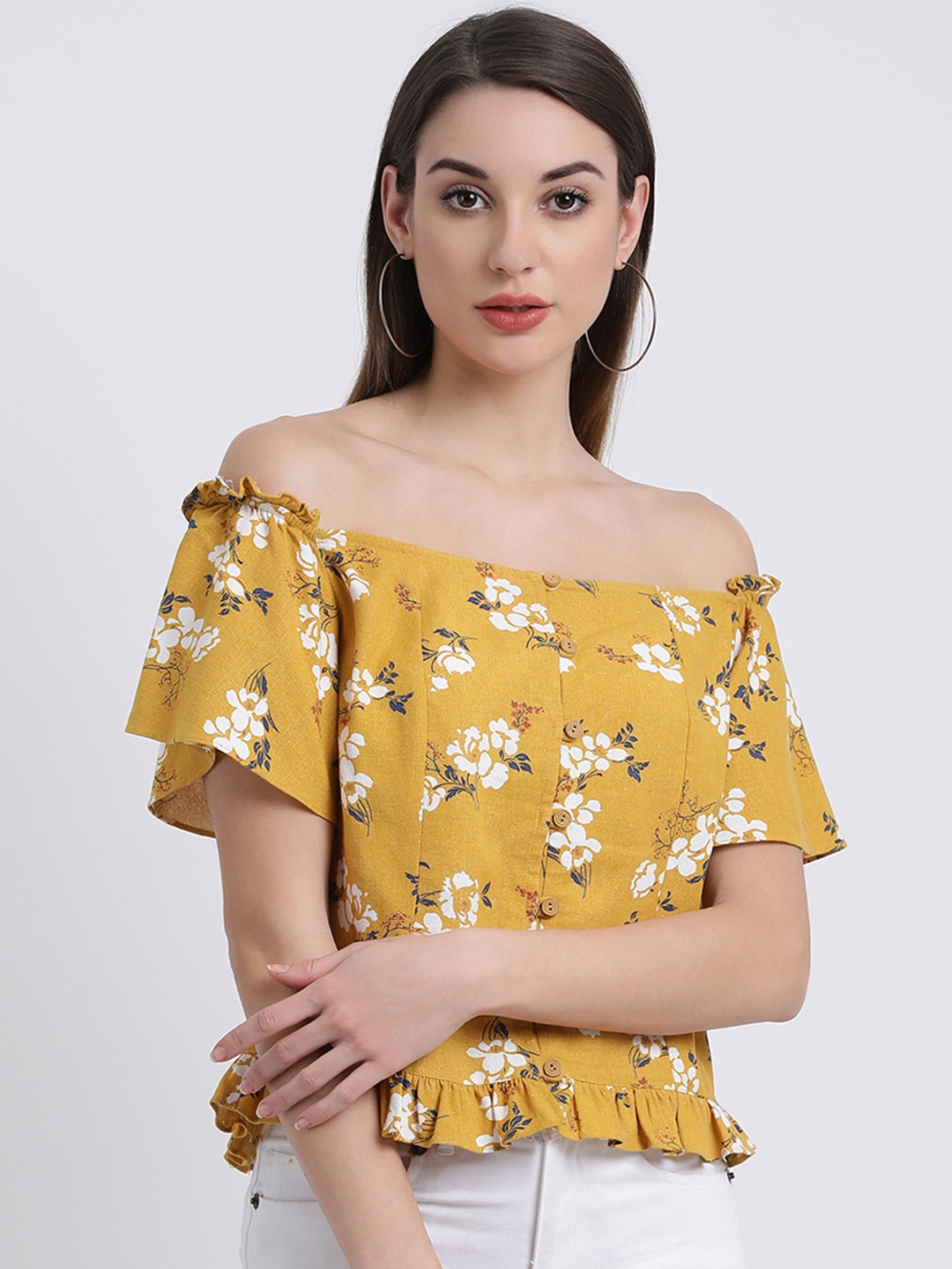 

Zink London Women Mustard Yellow & White Printed Bardot Top