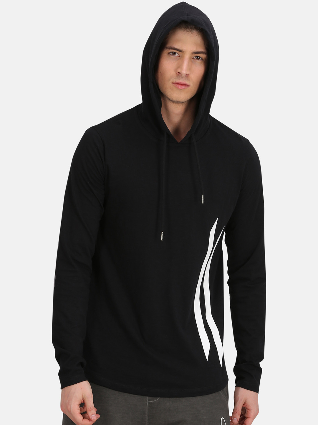 

ATTIITUDE Men Black & White Printed Hooded Slim Fit T-shirt