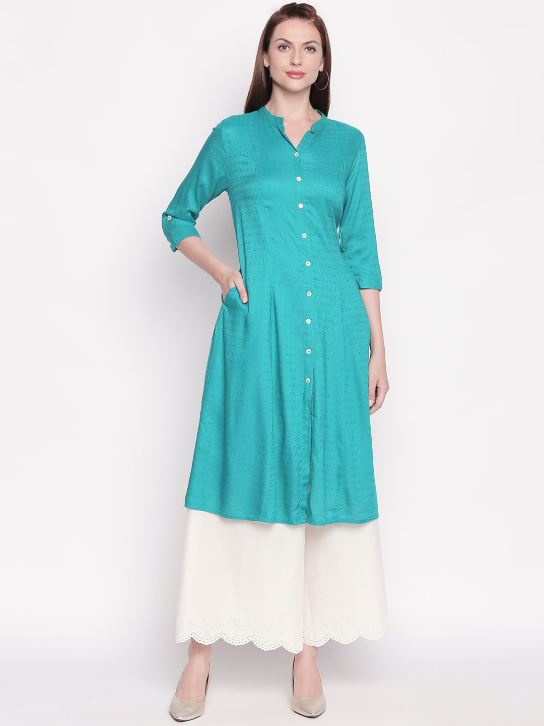 

RANGMANCH BY PANTALOONS Women Turquoise Blue Woven Design A-Line Kurta