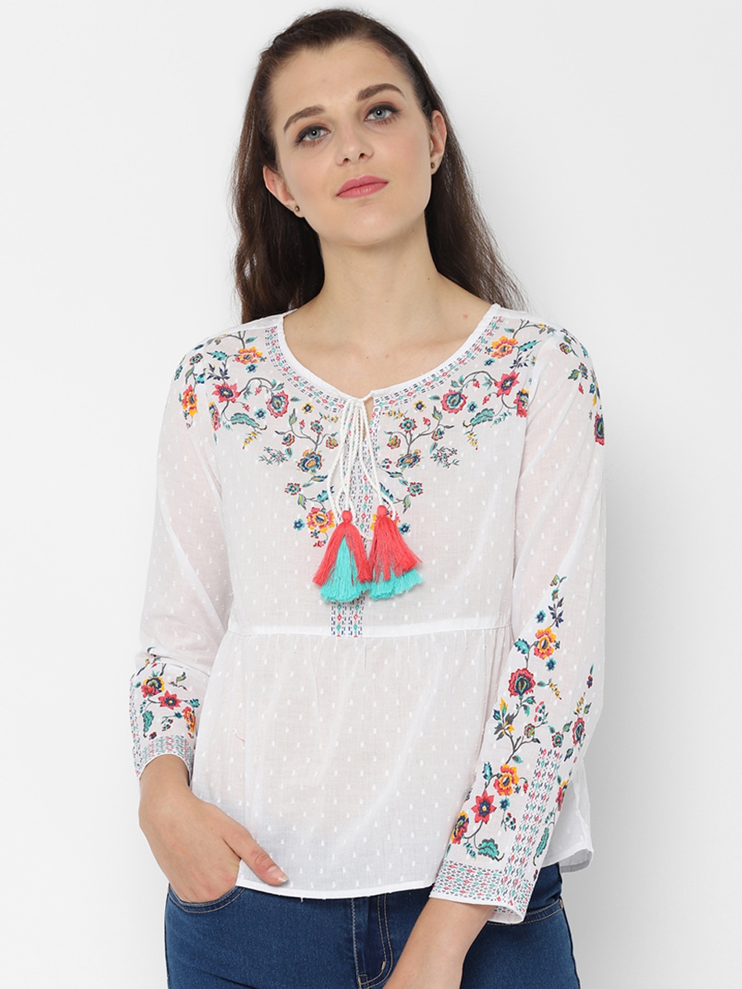 

People Women White Embroidered Pure Cotton Top