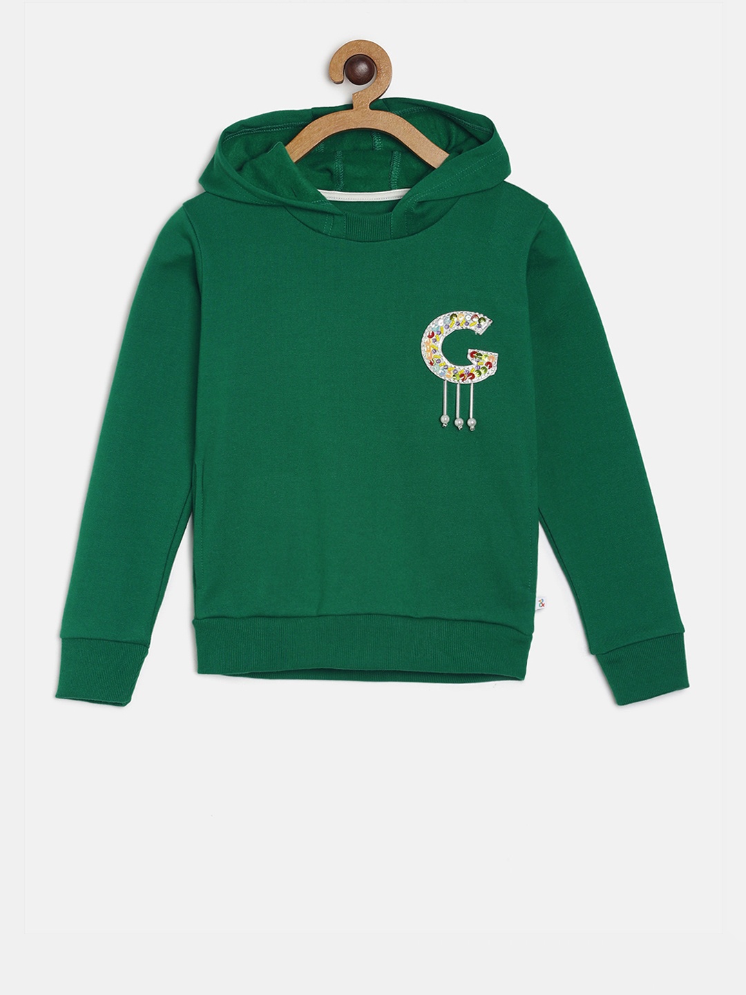 

TALES & STORIES Girls Green Solid Hooded Sweatshirt