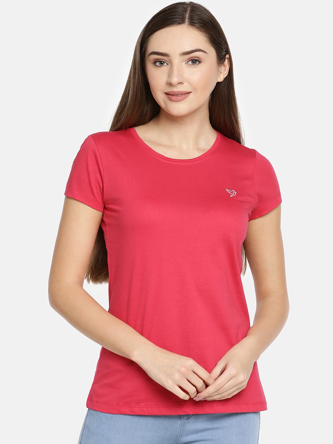 TWIN BIRDS Women Pink Solid Round Neck Pure Cotton T-shirt