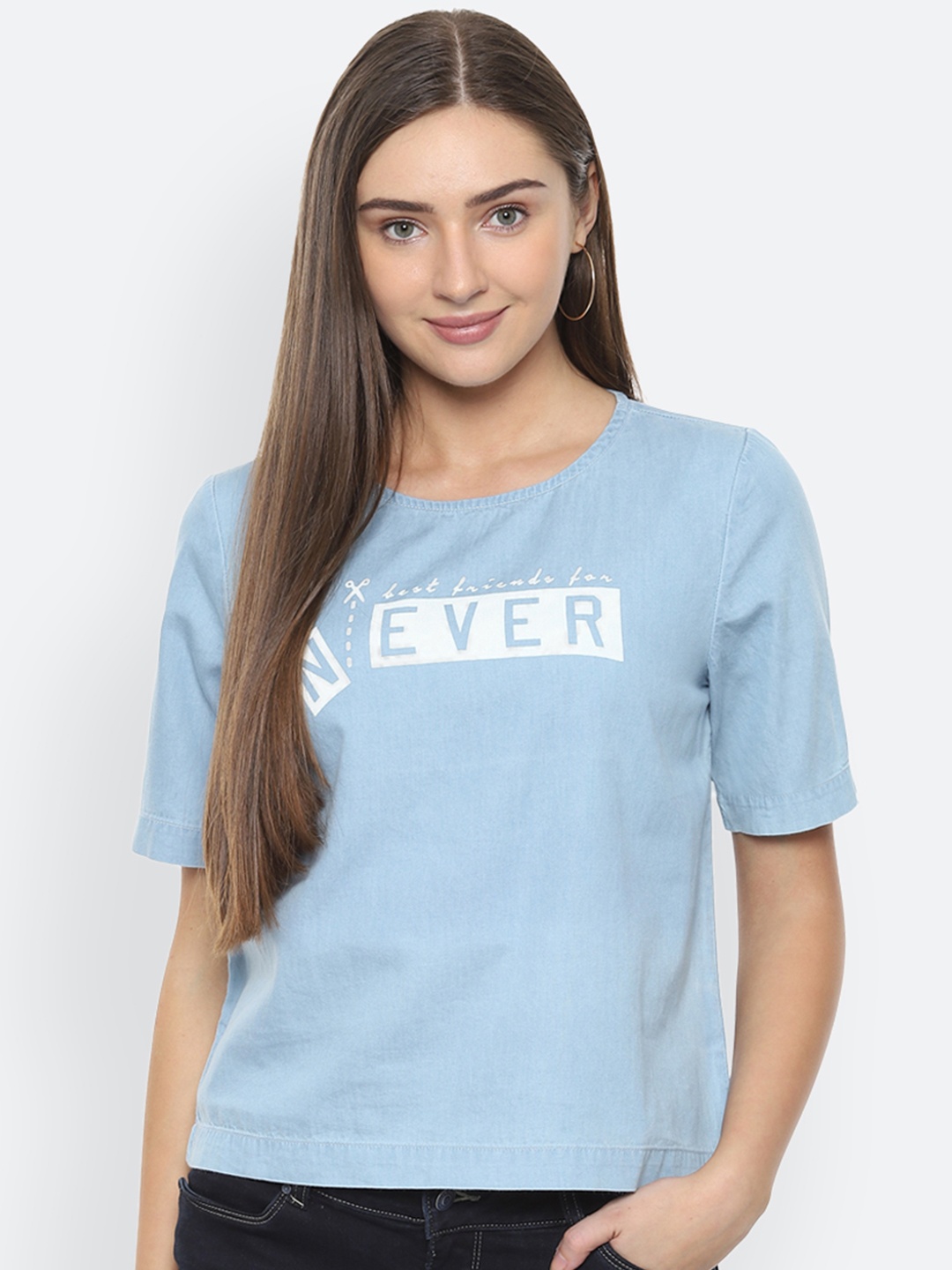 

People Women Blue Printed Regular Pure Cotton Top