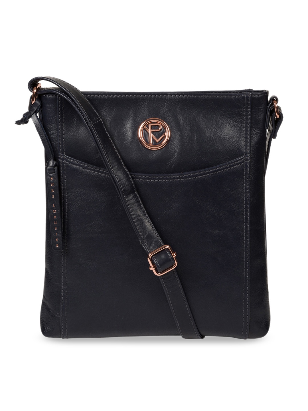 

PURE LUXURIES LONDON Navy Blue Leather Solid Sling Bag