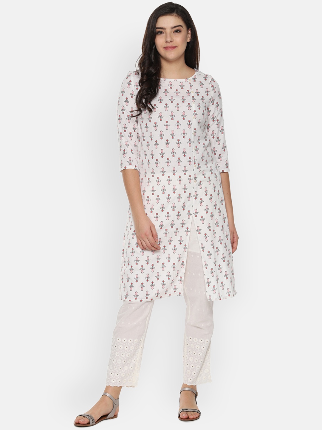 

People Women White Printed Straight Kurta