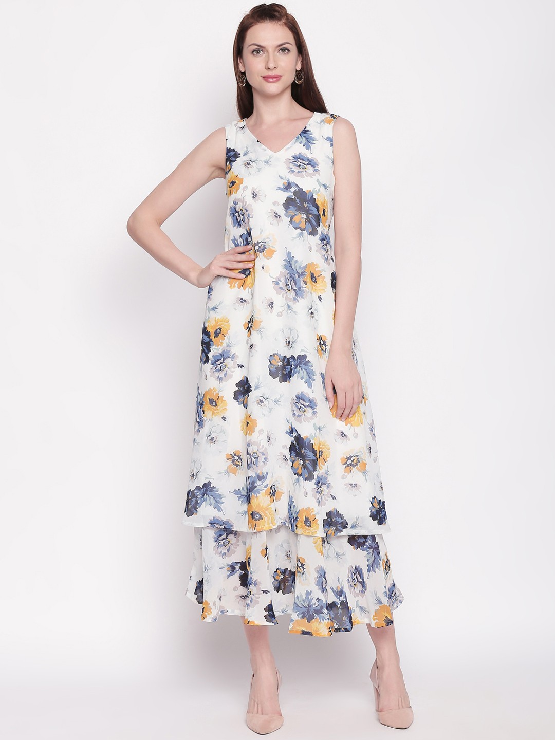 

Forever Glam by Pantaloons Women White & Yellow Floral Printed Fit and Flare Dress