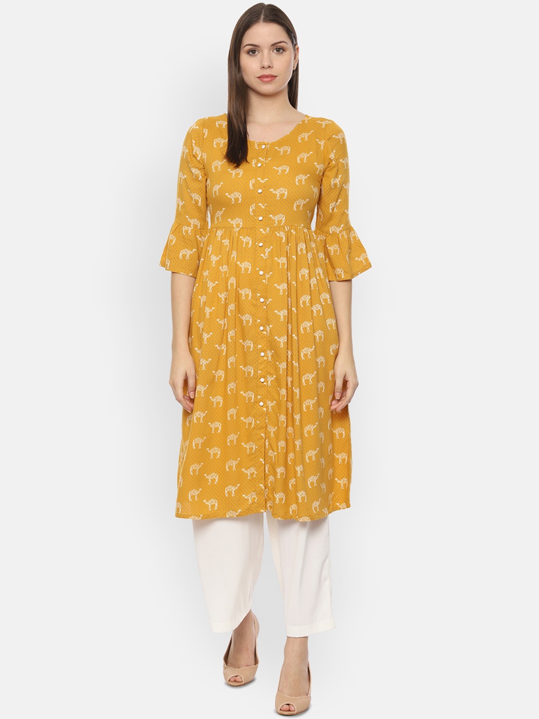 

People Women Yellow Printed A-Line Kurta