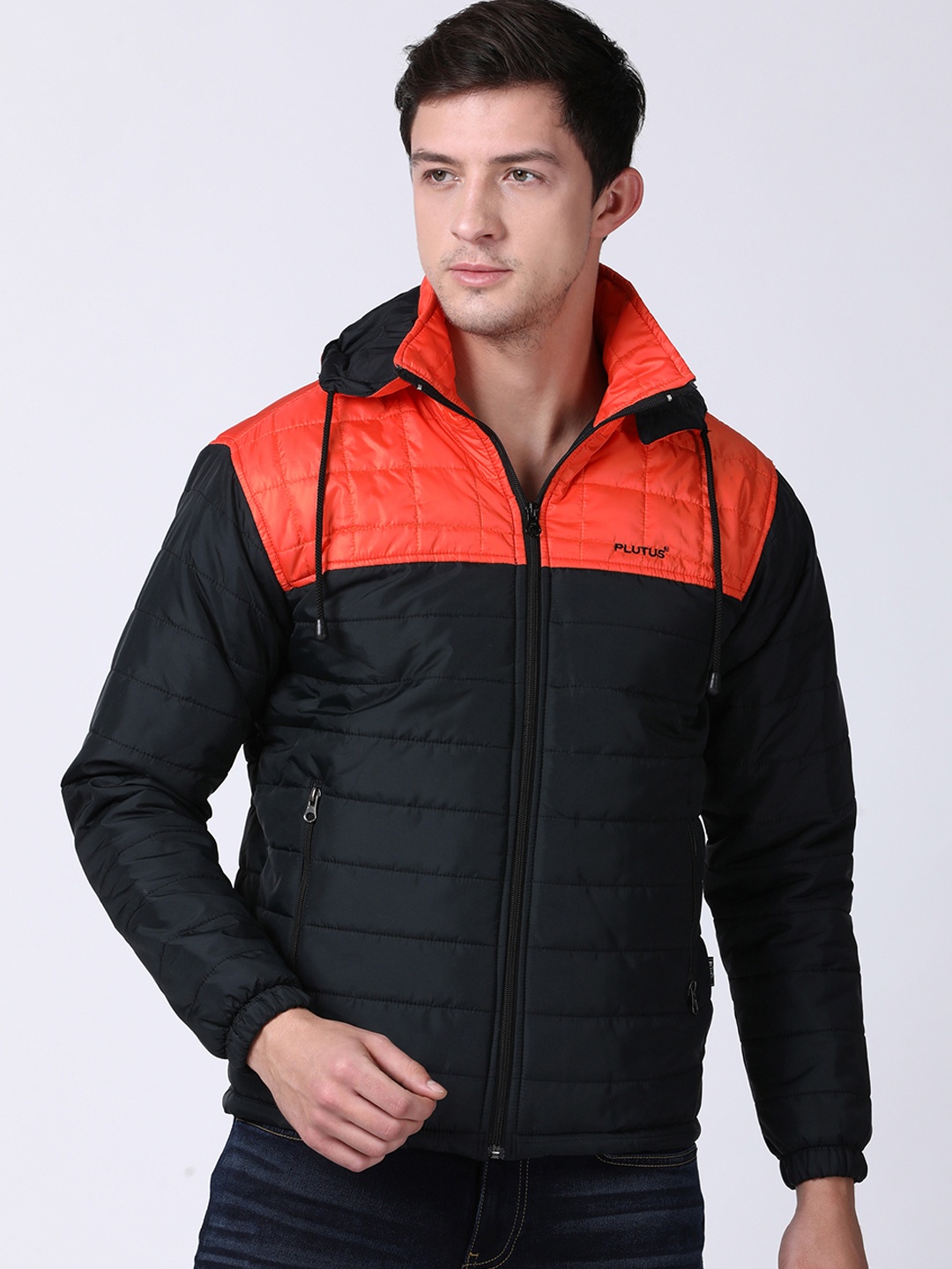 

Plutus Men Black Colourblocked Lightweight Padded Jacket with Detachable Hood