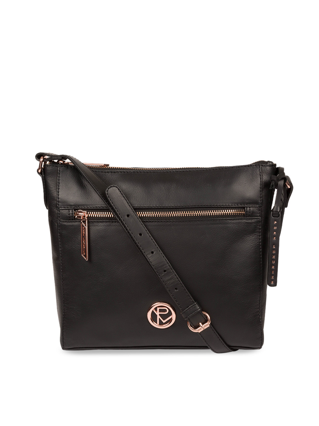 

PURE LUXURIES LONDON Black Solid Genuine Leather Byrne Sling Bag