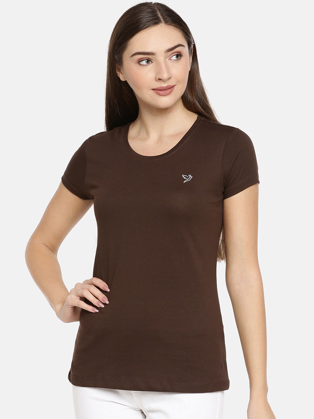 TWIN BIRDS Women Brown Solid Round Neck Pure Cotton T-shirt