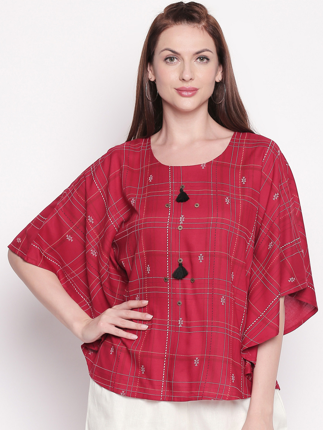 

AKKRITI BY PANTALOONS Women Maroon Checked Kaftan Top