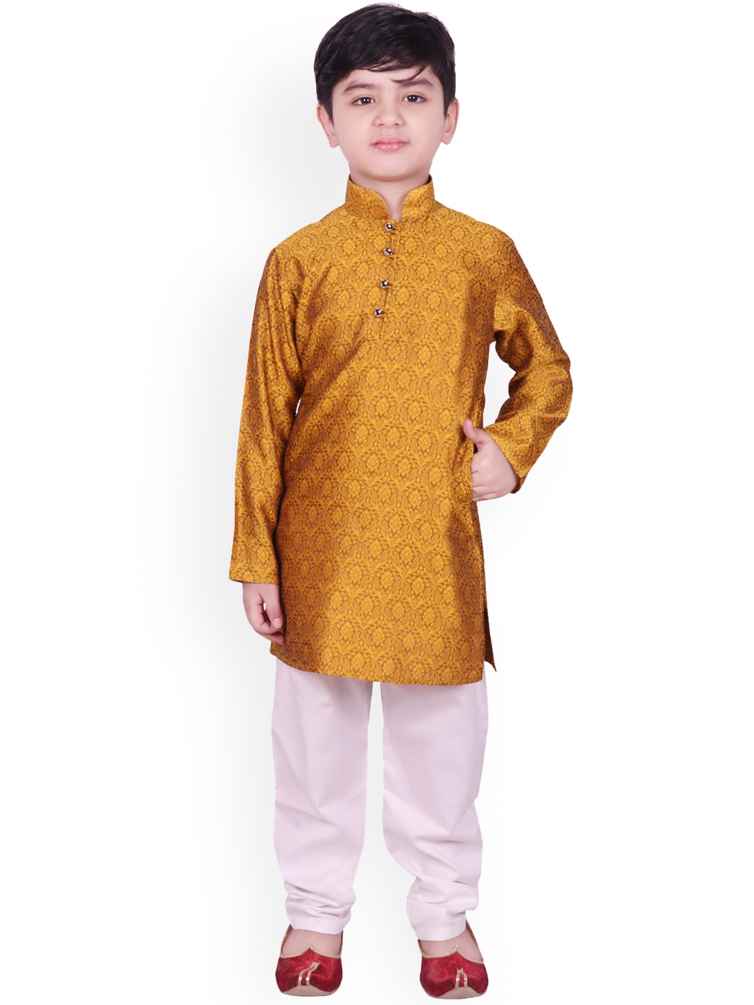 SG YUVRAJ Boys Mustard Yellow Woven Design Kurta with Churidar