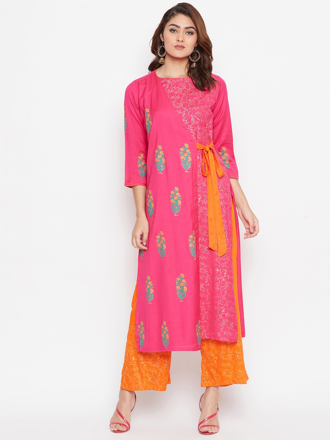 

Bitterlime Women Pink & Orange Printed Kurta with Palazzos